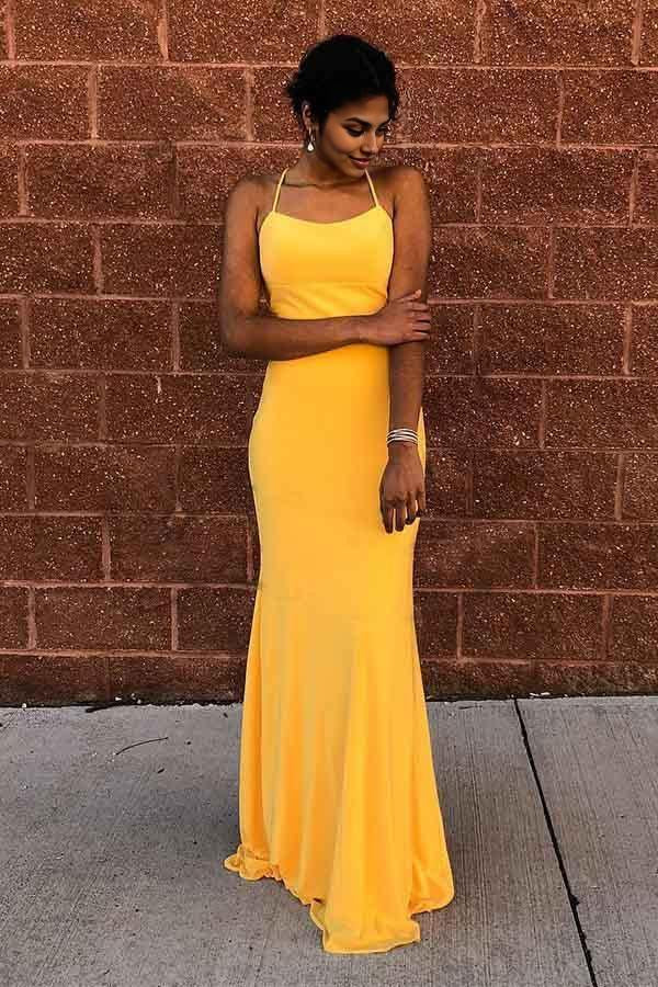 Robe de bal longue jaune sexy en satin à effet croisé et sirène